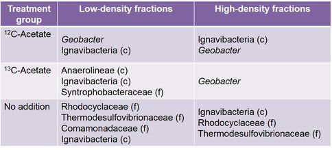 Table 1. Dominant taxa present in the 16S rRNA gene amplicon libraries recovered from the low- and high-density fractions of the in vitro and acetate-amended iron reducing incubations. Selected taxa are representative of all replicates of a given treatment. Taxonomy was determined using the Ribosomal Database Project classifier as part of the standard QIIME pipeline.