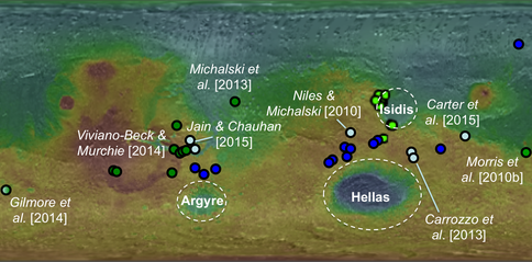 Figure 1.  Carbonate-bearing rocks found on Mars to date, on MOLA topography (modified from Ehlmann et al. [2008]). Green points are Mg-carbonates (reported by Ehlmann et al. [2008], except where indicated), cyan are Fe/Ca-carbonates reported by other authors, while dark blue points are newly reported here (mostly Fe/Ca-carbonates).