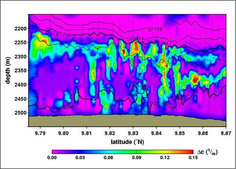 Figure 2. Contour plot of particle plumes over new lava flow between 9.785 and 9.87° N along the axial valley of the East Pacific Rise. Strong vertical features indicate particularly strong discharge sites.