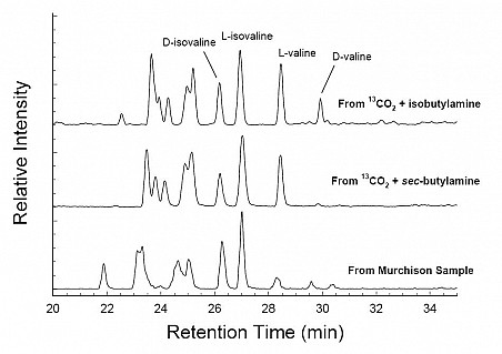 Figure 1 - C5 amino acids made in irradiated 13CO2 + butylamine ices compared to C5 amino acids in a Murchison sample (bottom trace).