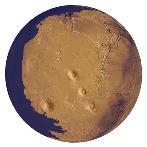 Figure 1. Mars as it would have looked when oceans filled thr northern lowlands. Image made using topography calculated in Perron et al. (2007).