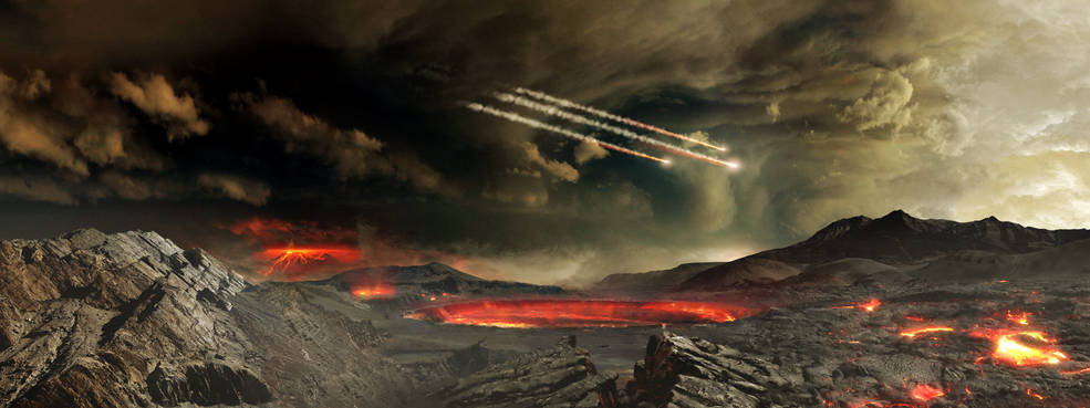 Artist’s concept of meteors impacting ancient Earth. Some scientists think such impacts may have delivered water and other molecules useful to emerging life on Earth. Credits: NASA's Goddard Space Flight Center Conceptual Image Lab Image credit: None