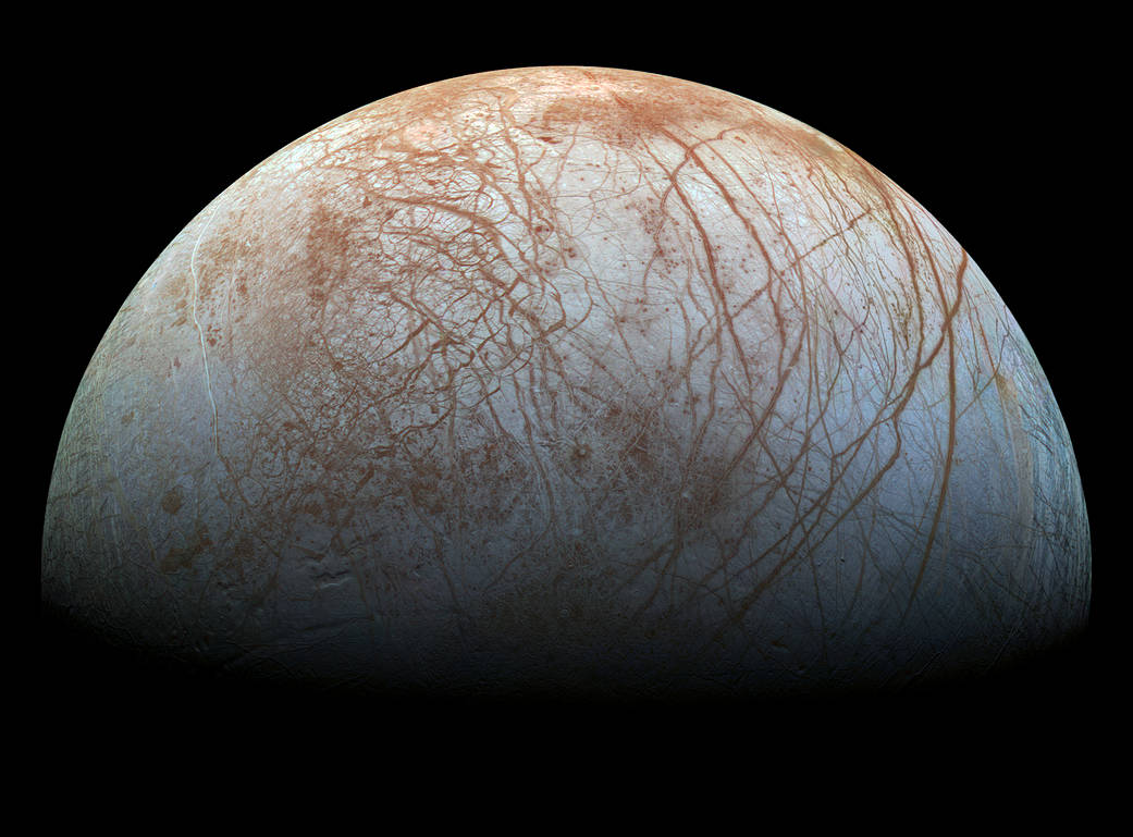 Europa's stunning surface, which may hold clues to the characteristics of the oceans hidden underneath. Image Credit: NASA/JPL-Caltech/SETI Institute Image credit: None