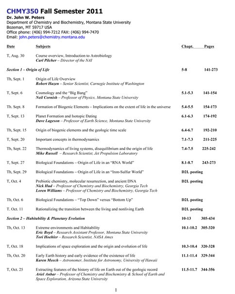 CHMY350 &#8211; Astrobiology &#8211; Course Schedule for Fall 2011