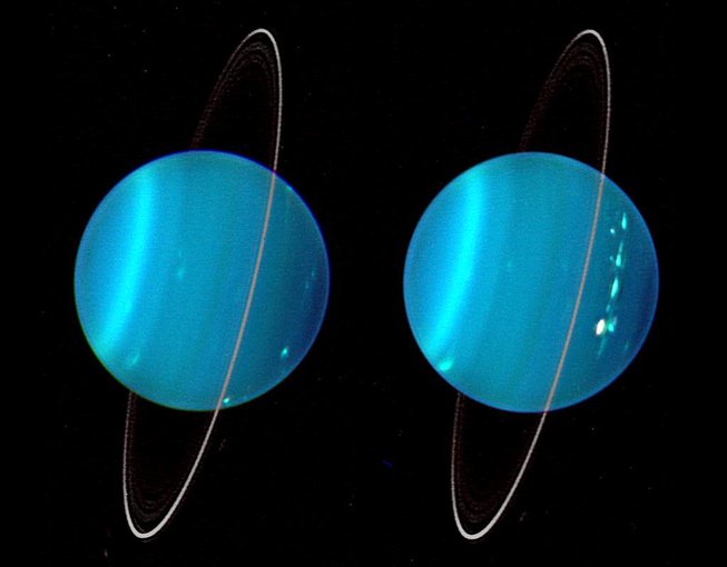 Two sides of Uranus are shown side by side. The thin ring of Uranus crosses the planet from north to south.