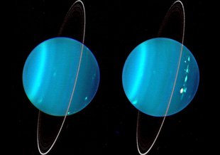 Two sides of Uranus are shown side by side. The thin ring of Uranus crosses the planet from north to south.