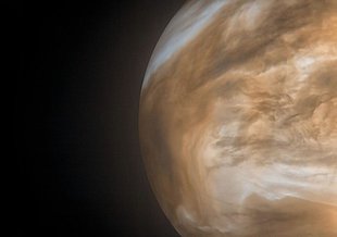 False-color image from the Japanese Akatsuki’s IR2 camera in two wavelengths (1.74, 2.26 microns) showing Venus' night side in thermal infrared. Darker regions are thicker clouds. Changes in color can denote differences in cloud particle size/composition.