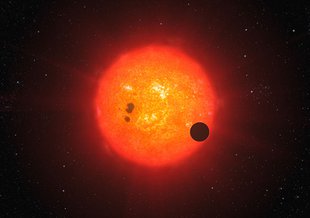 Illustration of a transiting exoplanet similar to GJ1214b. GJ1214b was discovered by the MEarth project and investigated further by the HARPS spectrograph on the European Southern Observatory's (ESO’s) 3.6-metre telescope at La Silla Observatory in Chile.
