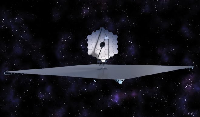 An artist rendering of an approximately 16-meter telescope in space.  This image was created for an earlier large space telescope feasibility project called ATLAST, but it is similar to what is being discussed inside and outside of NASA as a possible great observatory after the James Webb Space Telescope and the Wide-Field Infrared Survey Telescope.  Advocates say such a large space telescope would revolutionize the search for life on exoplanets, as well as providing the greatest observing ever for general astrophysics. (NASA)
