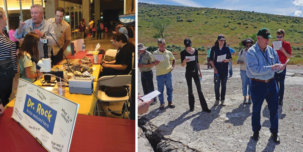 To the left is an image of Jack speaking animatedly with his hands to students stood on one side of a table. On the table is a microscope. The right image shows Jack outdoors, leading a group of students across a rock outcrop.