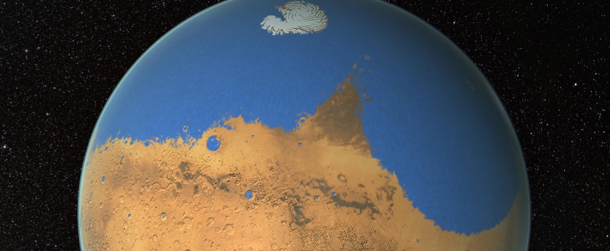 NASA scientists have determined that a primitive ocean on Mars held more water than Earth's Arctic Ocean and that the Red Planet has lost 87 percent of that water to space.. NASA/GSFC