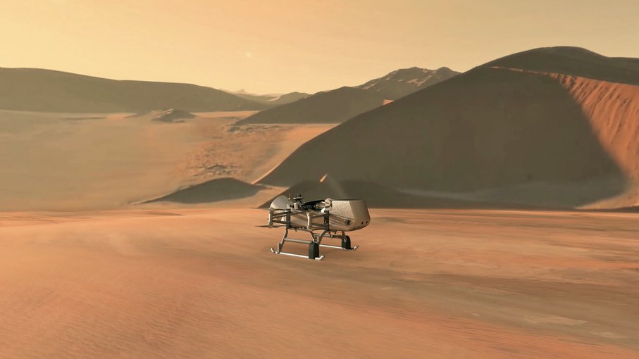 This illustration shows NASA’s Dragonfly rotorcraft-lander approaching a site on Saturn’s exotic moon, Titan.