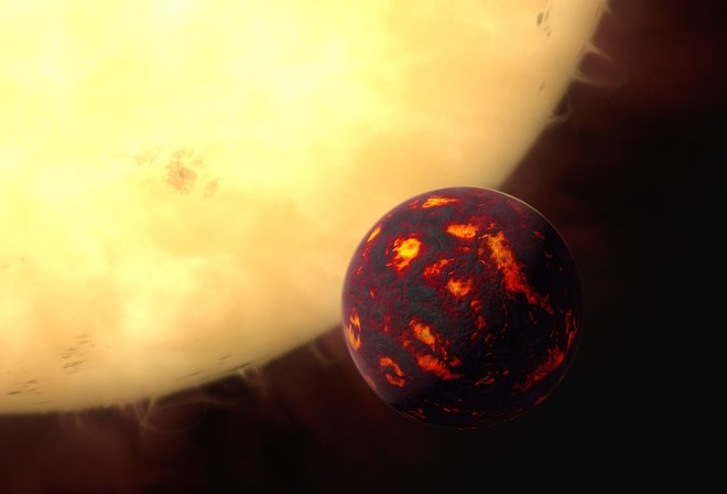 Super-Earth 55 Cancri e orbits in front of its parent star in this artist’s illustration.