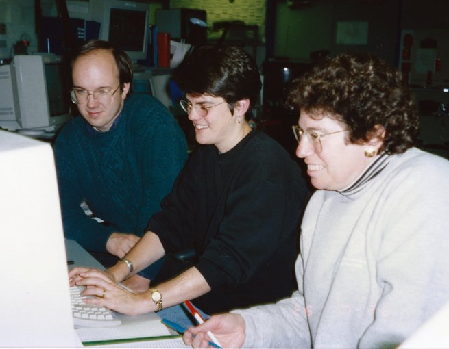 Bruce Macintosh, Andrea Ghez and Claire Max in the observatory room of the Keck telescope in 1996.