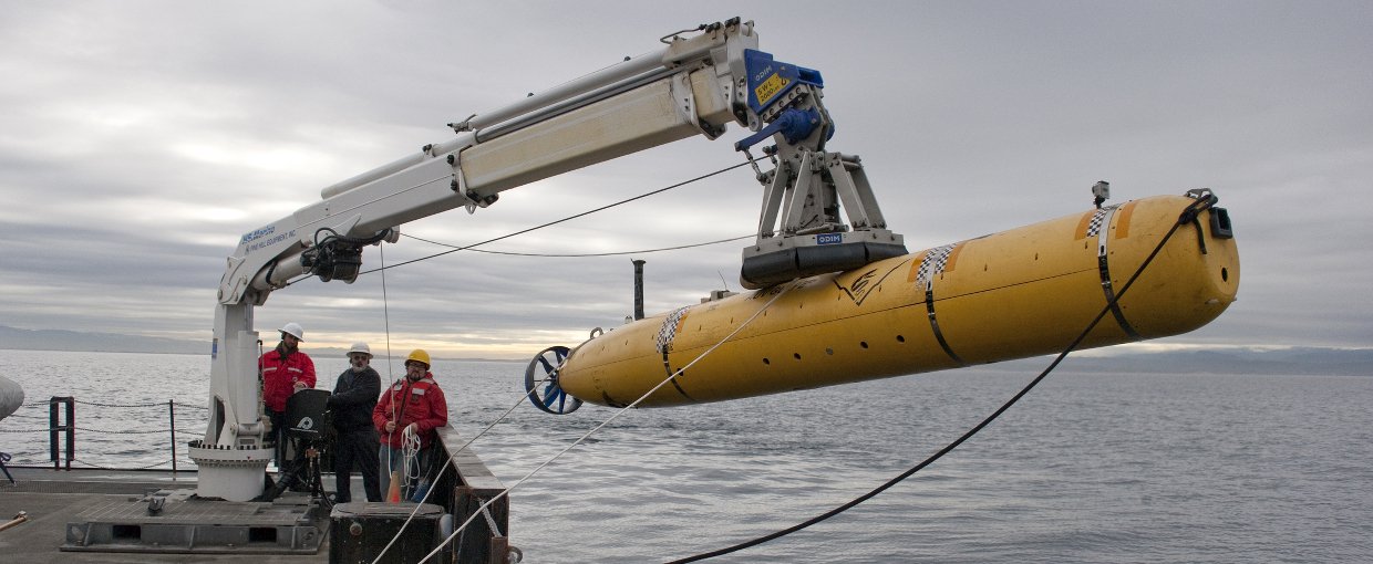 The autonomous underwater vehicle (AUV) Gulper being deployed on the R/V Rachel Carson in 2012.