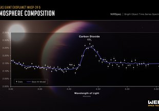 A transmission spectrum of the hot gas giant exoplanet WASP-39 b captured by Webb’s Near-Infrared Spectrograph (NIRSpec) July 10, 2022, reveals the first clear evidence for carbon dioxide in a planet outside the solar system.
