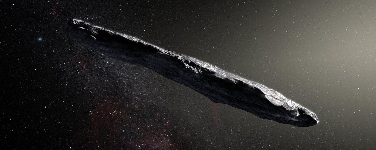 An artist's concept of interstellar object 1I/2017 U1 ('Oumuamua) as it passed through the Solar System after its discovery in October 2017. Observations of 'Oumuamua indicate that it must be very elongated because of its dramatic variations in brightness