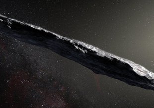 An artist's concept of interstellar object 1I/2017 U1 ('Oumuamua) as it passed through the Solar System after its discovery in October 2017. Observations of 'Oumuamua indicate that it must be very elongated because of its dramatic variations in brightness