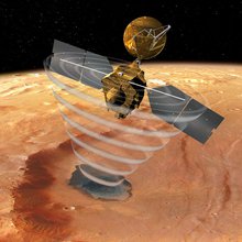 Artist impression of MRO using its Shallow Radar (SHARAD) to "look" under the surface of Mars. The SHARAD instrument seeks liquid or frozen water within the first few hundred feet (up to a kilometer) under the martian surface.