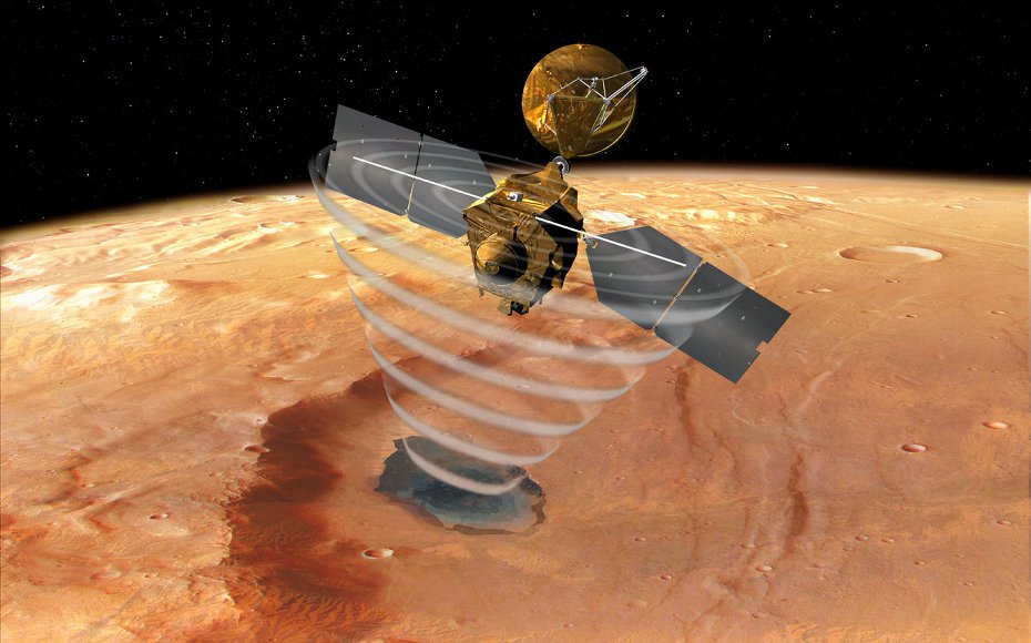 Artist impression of MRO using its Shallow Radar (SHARAD) to "look" under the surface of Mars. The SHARAD instrument seeks liquid or frozen water within the first few hundred feet (up to a kilometer) under the martian surface.