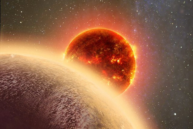 Newly discovered planet GJ 1132b, a super-Venus very close to its parent star, could be a candidate to look for volcanic eruptions. Credit: Dana Berry