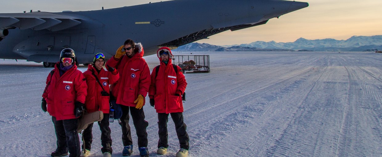 Expeditions to Antarctica do not come cheap, with the SIMPLE team flying there on a Boeing C-17 transport plane. Britney Schmidt is seen on the far left.