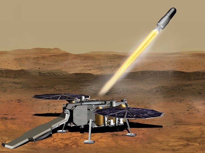 This illustration shows a concept of how the NASA Mars Ascent Vehicle, carrying tubes containing rock and soil samples, could be launched from the surface of Mars in one step of the Mars sample return mission.