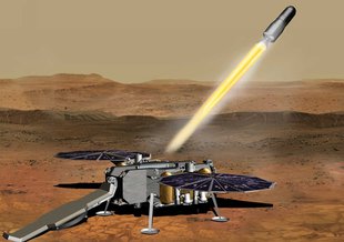 This illustration shows a concept of how the NASA Mars Ascent Vehicle, carrying tubes containing rock and soil samples, could be launched from the surface of Mars in one step of the Mars sample return mission.
