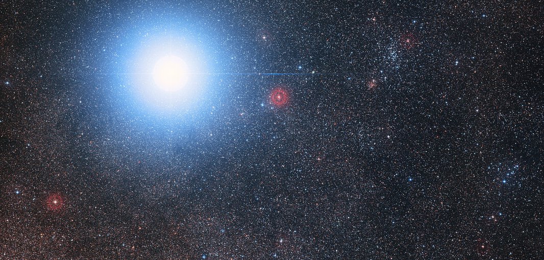 This image of the sky around the bright star Alpha Centauri AB also shows the much fainter red dwarf star, Proxima Centauri, the closest star to the Solar System. Proxima Centauri has an Earth-size planet that orbits in the habitable zone.