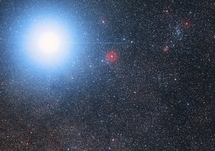 This image of the sky around the bright star Alpha Centauri AB also shows the much fainter red dwarf star, Proxima Centauri, the closest star to the Solar System. Proxima Centauri has an Earth-size planet that orbits in the habitable zone.
