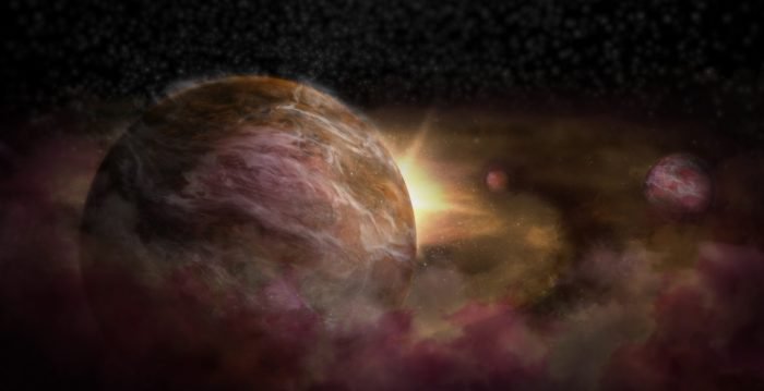 An artist rendering of infant star HD 163296 with three protoplanets forming in its disk  The planets were discovered using a new mode of detection — identifying unusual patterns in the flow of gas within a protoplanetary disk.