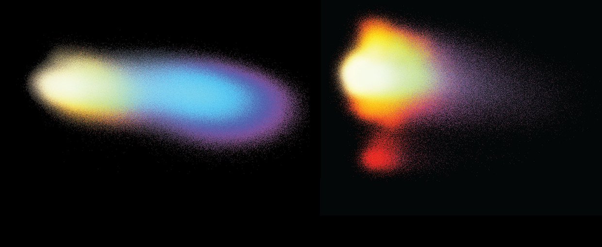 At the left of the image is a smear of color, starting with a bright white/yellow spot. The streak stretches to the middle of the image and transitions to a blue/purple color. To the right a 2nd smaller smear goes from yellow-orange-red and fades out.