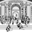 A black and white pixel image shows people in robes gathering on the steps of a classical building with columns, reminiscent of ancient Greece.