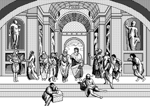 A black and white pixel image shows people in robes gathering on the steps of a classical building with columns, reminiscent of ancient Greece.