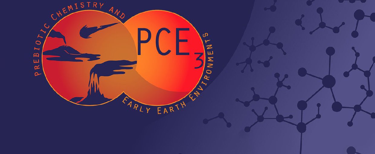 PCE3 Logo and text. The logo is a two overlapping orange circles on a purple background with silhouettes of molecules..
