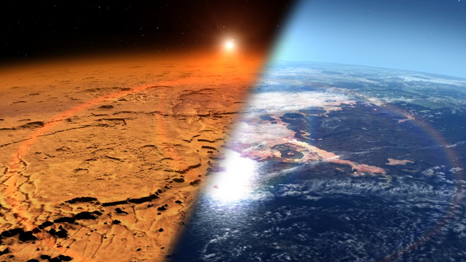 This artist’s concept depicts the early Martian environment (right) – believed to contain liquid water and a thicker atmosphere – versus the cold, dry environment seen at Mars today (left).