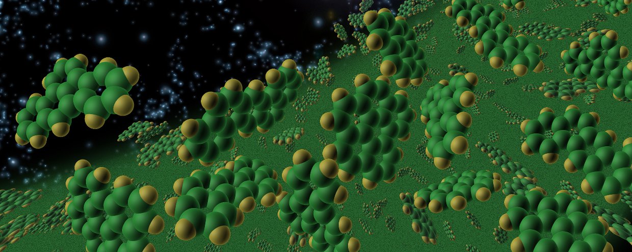 An artist's conception symbolically represents complex organic molecules, known as polycyclic aromatic hydrocarbons (PAHs), seen in the early universe. The large molecules, comprised of carbon and hydrogen, are thought to be among life's building blocks.