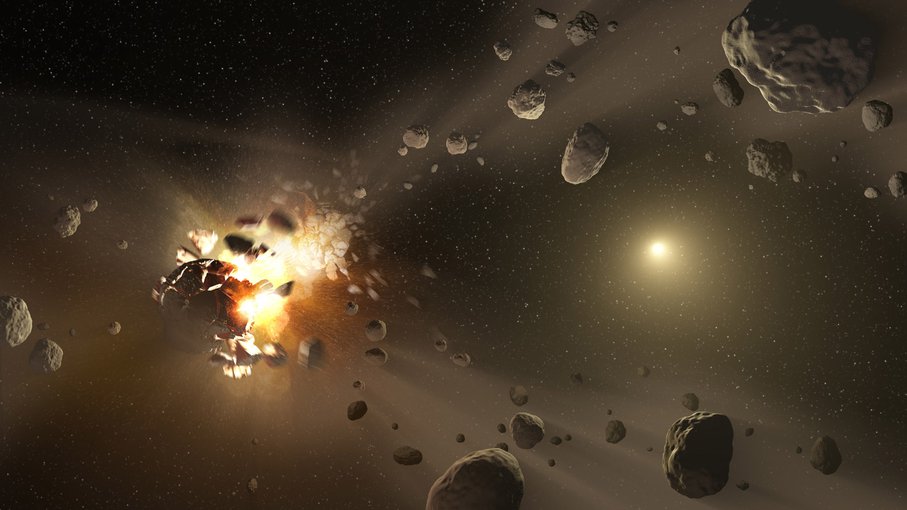 This artist's conception shows how families of asteroids are created. Over the history of our solar system, catastrophic collisions between asteroids located in the belt between Mars and Jupiter have formed families of objects on similar orbits around the