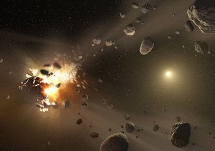 This artist's conception shows how families of asteroids are created. Over the history of our solar system, catastrophic collisions between asteroids located in the belt between Mars and Jupiter have formed families of objects on similar orbits around the