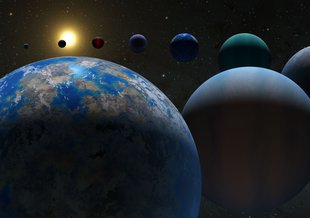 Artist illustration of a variety of planets in a spiral chain from the foreground leading to a star in the background.