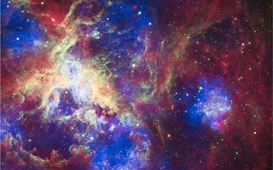 This composite of 30 Doradus, aka the Tarantula Nebula, contains data from Chandra (blue), Hubble (green), and Spitzer (red). Located in the Large Magellanic Cloud, the Tarantula Nebula is one of the largest star-forming regions close to the Milky Way. 
