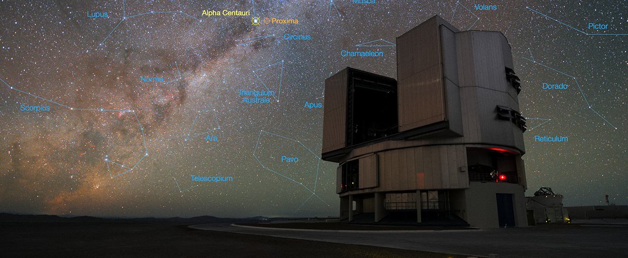 ESO’s Very Large Telescope (VLT) at the Paranal Observatory in Chile. The rich stellar backdrop to the picture includes the bright star Alpha Centauri, the closest stellar system to Earth.