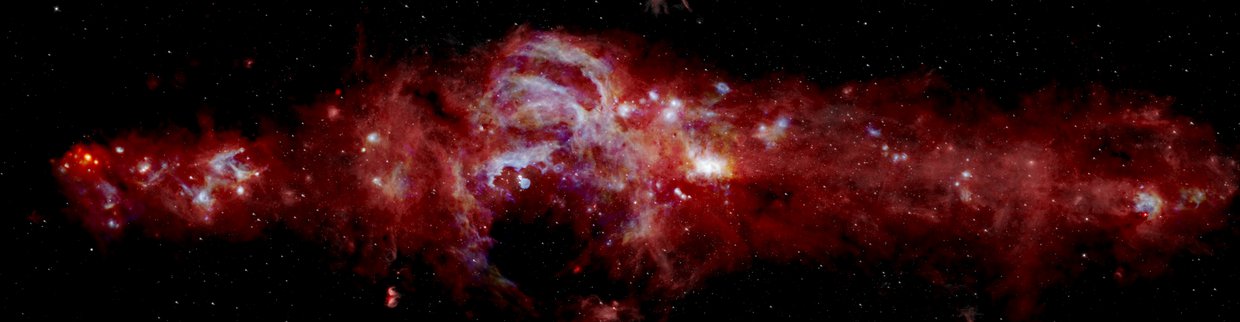 Composite infrared image of the center of our Milky way Galaxy. It spans 600+ lightyears across and is helping scientists learn how many massive stars are forming in our galaxy’s center.