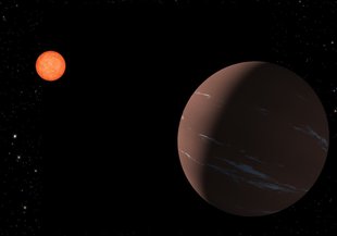A small star is visible in the background to the top right of the image with the planet, which appears dark red/brown with thin streaks of clouds, sits in the bottom right.