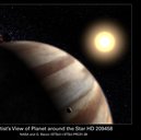 This is an artist's impression of the gas-giant planet orbiting the yellow, Sun-like star HD 209458, 150 light-years from Earth.