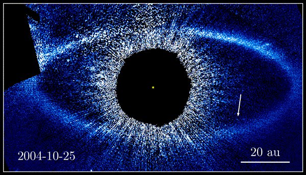 Fomalhaut b on its 1,700 year elliptica orbit, as seen here in five images taken by the Hubble Space Telescope over seven years.  The bar shows a distance of 20 astronomical units, or 20 times the distance from the Sun to the Earth.