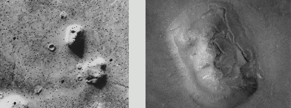 Viking 1 image from mid-1970s of the 'face on Mars.' Right: High-resolution image from the Mars Orbiter Camera of the 'face on Mars,' clearly showing it to be a natural geological formation.