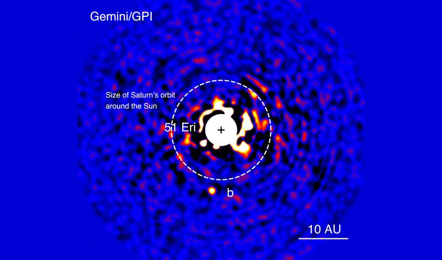 Discovery image of the exoplanet 51 Eridani b taken in the near-infrared light with the Gemini Planet Imager on Dec. 21, 2014. The bright central star has been mostly removed to enable the detection of the million-times fainter planet.