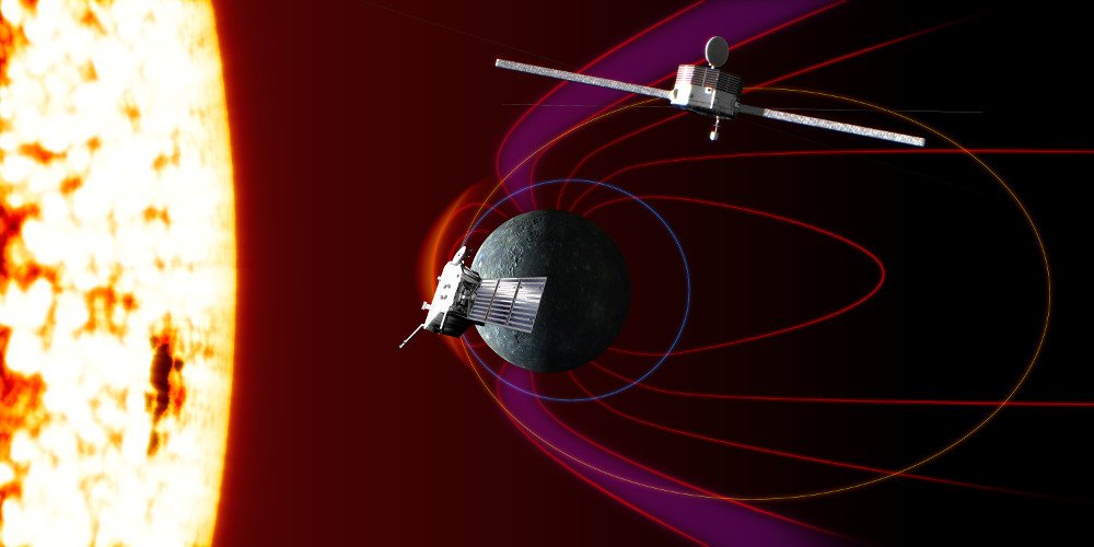 Artist illustration of the BepiColombo orbiters, MIO and Bepi, around Mercury.