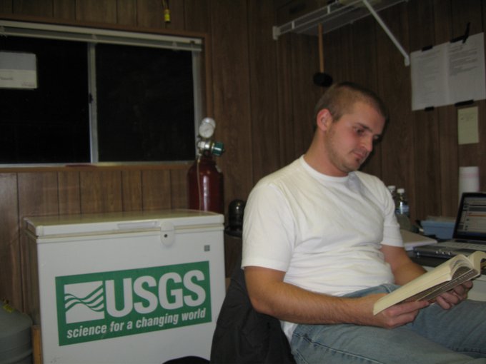Aaron Gronstal in the onsite laboratories at the site of the Chesapeake Bay Impact Structure (CBIS) drilling project.